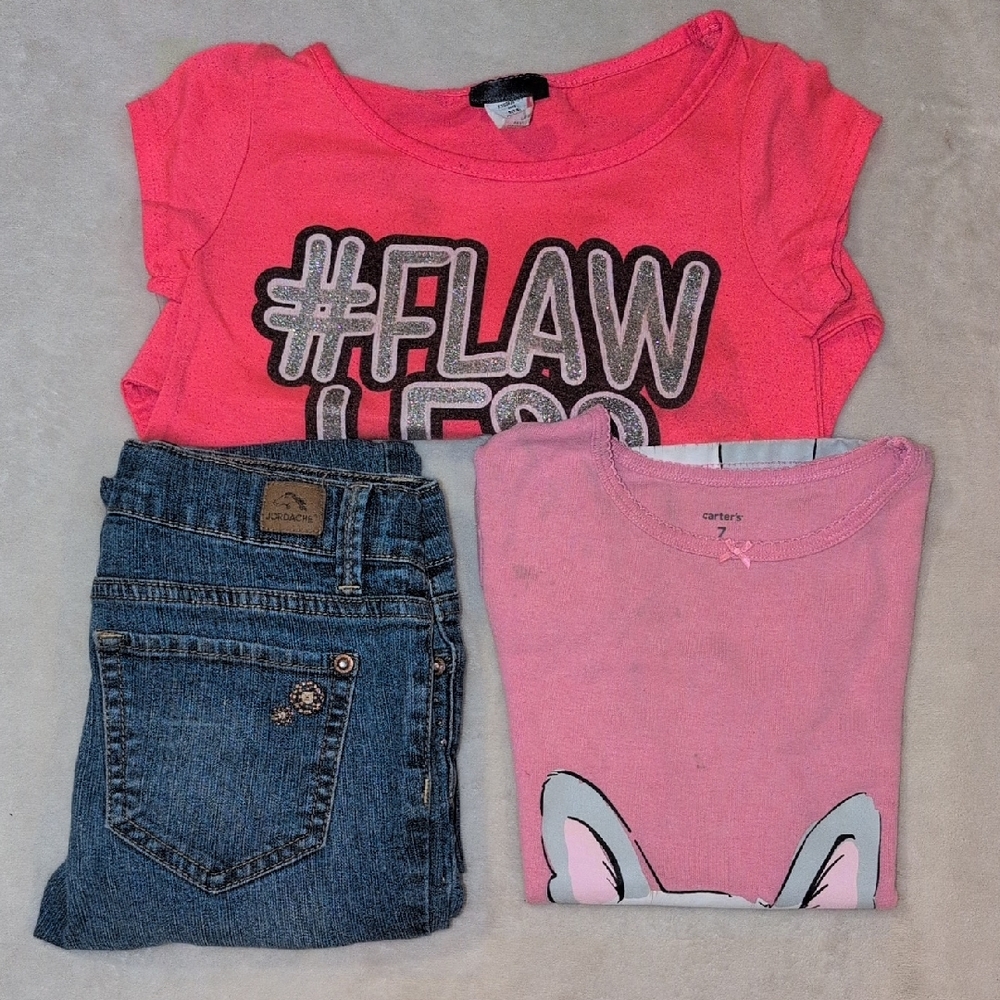 Girls Size 7 Carter’s Dog Tee, XOXO Top & Bedazzled Jeans Bundle